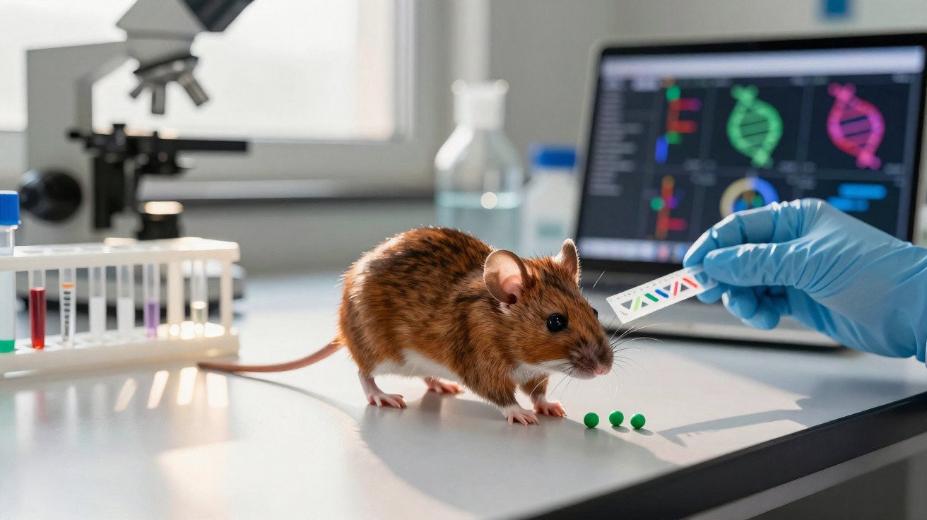 Rato de laboratório numa mesa com lâmina de teste genético e monitor com imagens de DNA ao fundo.