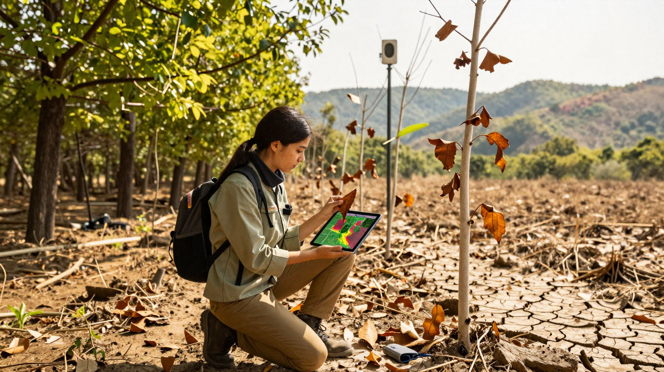 Mulher com mochila analisa dados num tablet junto a árvore seca em solo rachado numa paisagem árida.