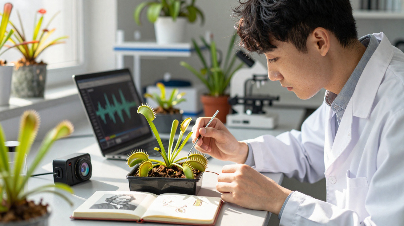 Cientista em bata branca a estudar planta carnívora num laboratório com computador e caderno aberto.