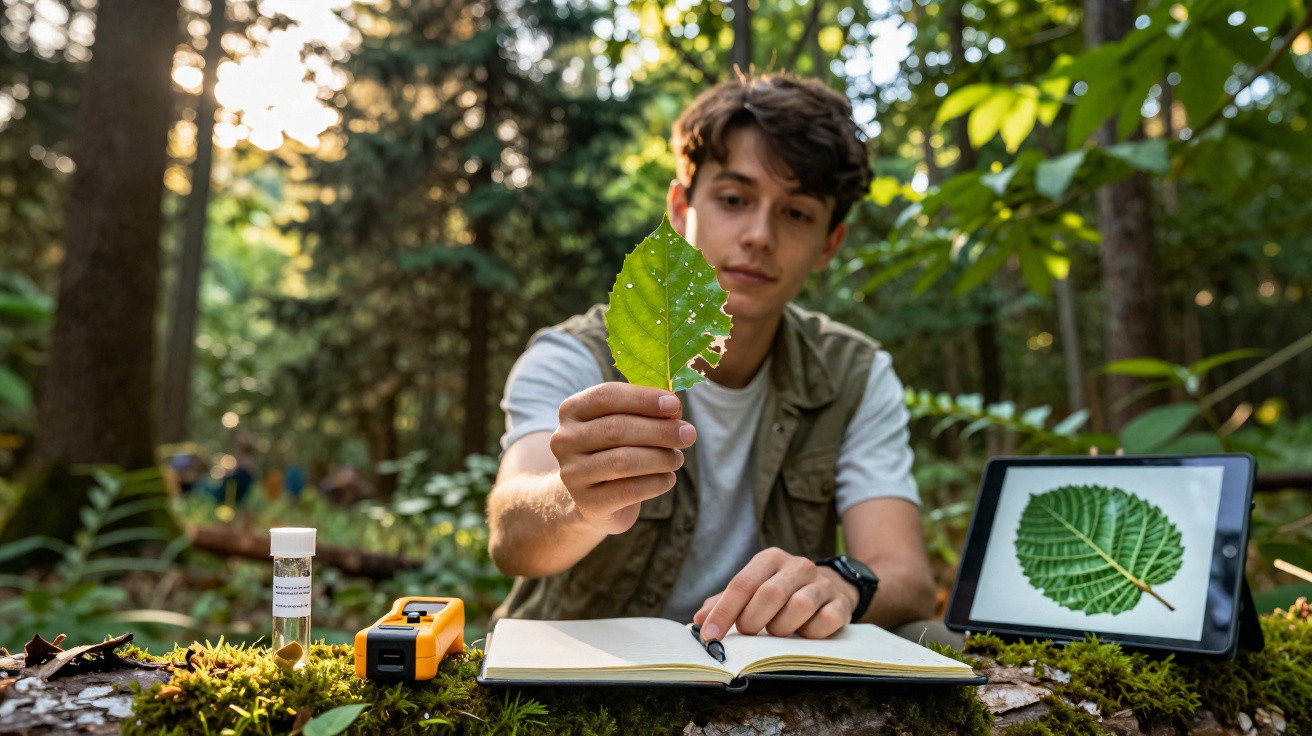 Jovem examina folha e compara com imagem digital enquanto faz anotações em caderno numa floresta.