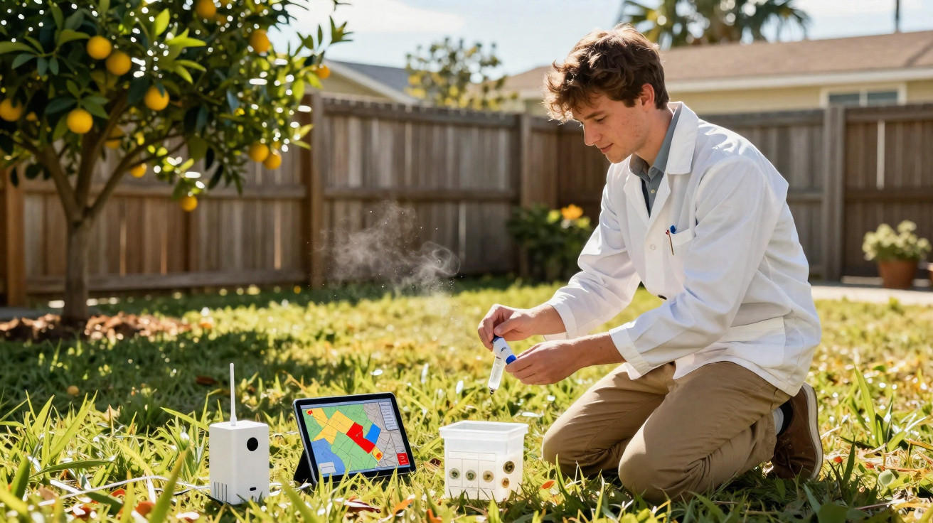 Homem em bata branca analisa amostra junto a equipamentos e tablet num campo ao ar livre.