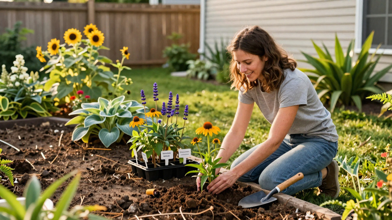 Mulher a sorrir enquanto planta flores num jardim ensolarado com várias plantas ao redor.