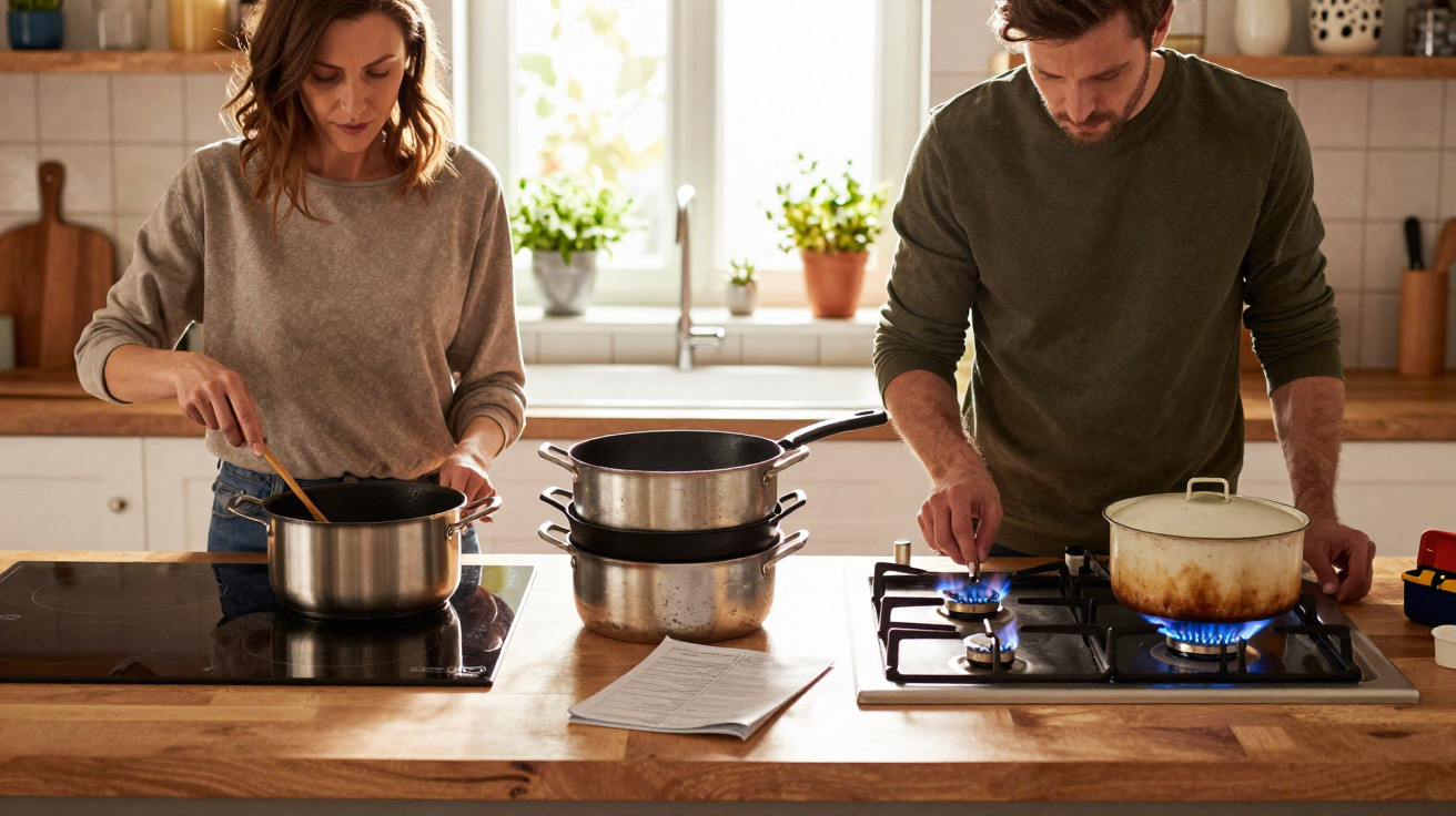 Casal cozinha junto numa cozinha moderna, mulher mexe panela e homem acende fogão a gás.