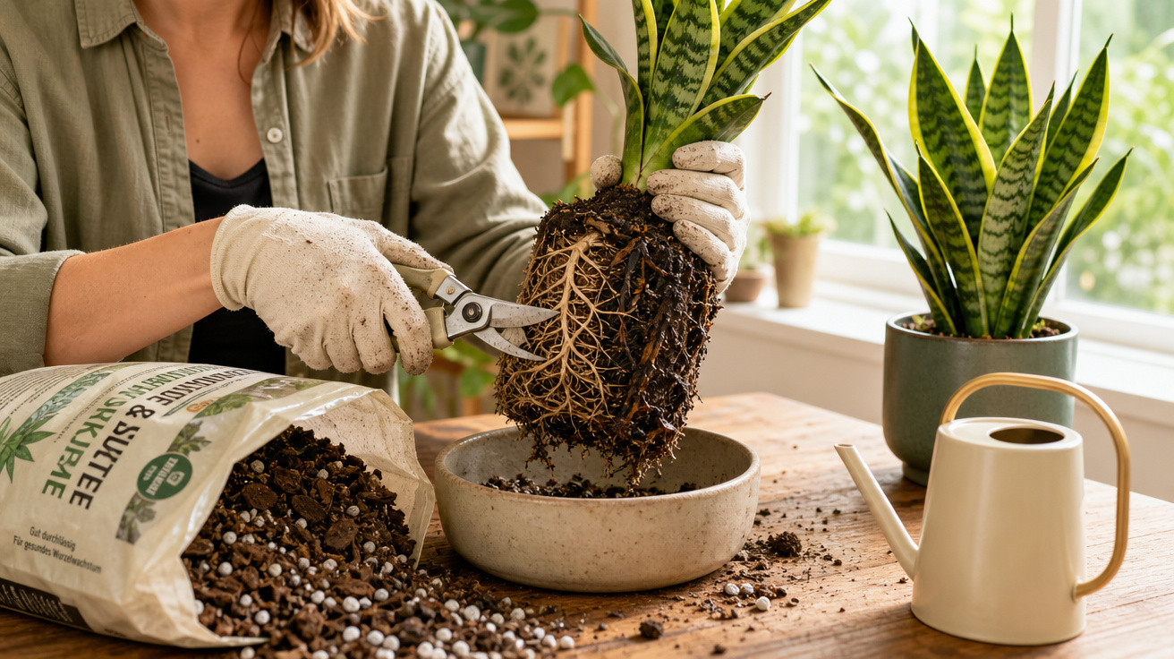 Pessoa a cortar raízes de planta suculenta para transplante em vaso dentro de casa, com regador e terra à volta.