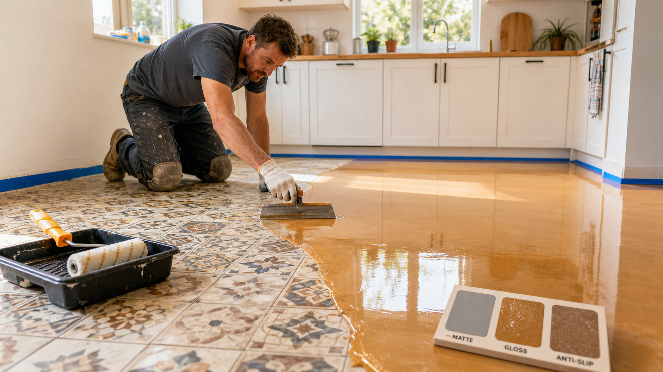 Homem aplica resina transparente em piso de azulejos decorativos numa cozinha luminosa.