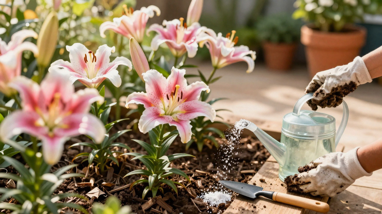 Pessoa de luvas a regar flores de lírios cor-de-rosa num jardim ensolarado com regador transparente.