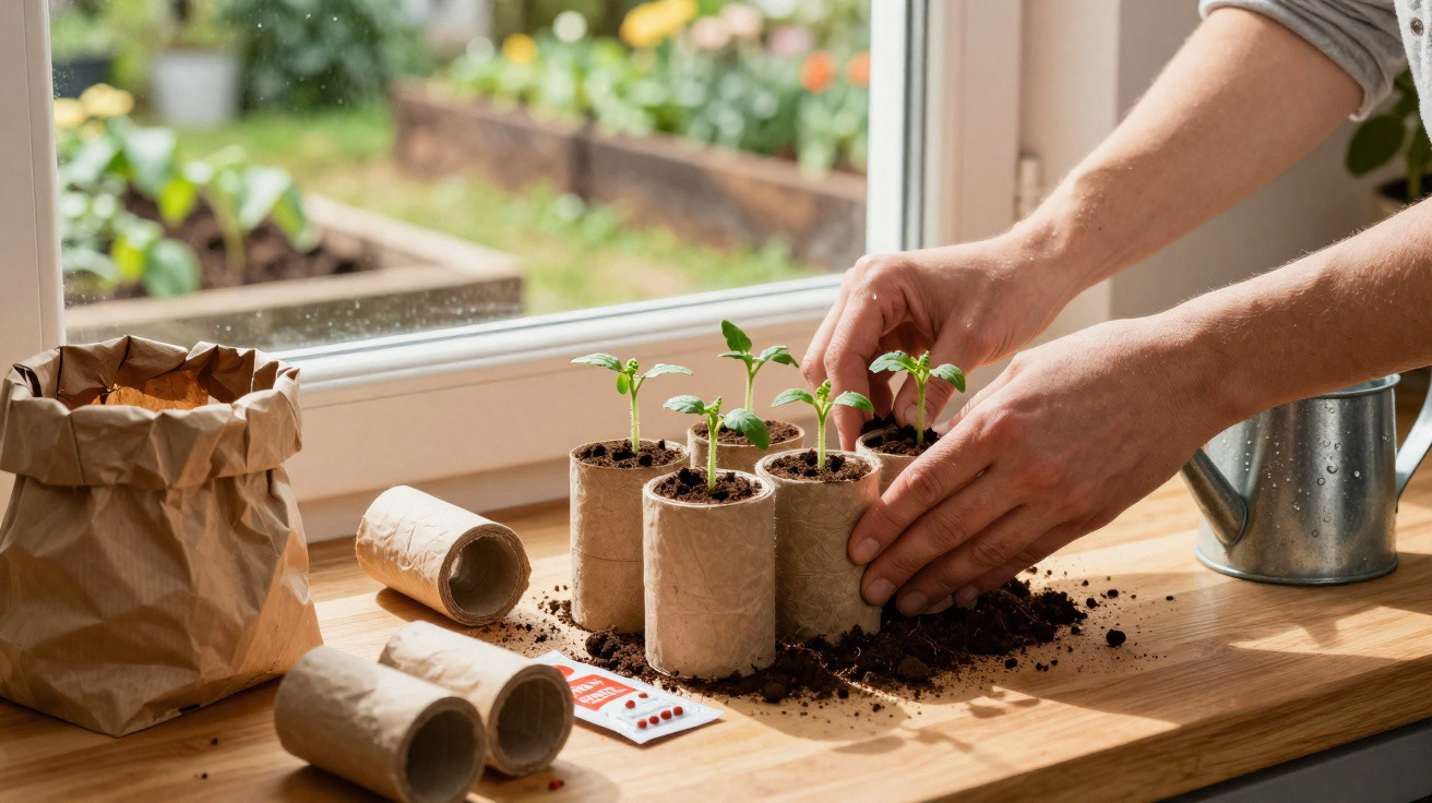 Mãos a plantar mudas em copos biodegradáveis com terra numa mesa junto a uma janela iluminada.