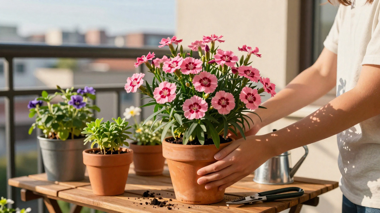 Pessoa a cuidar de flores cor-de-rosa num vaso de barro numa varanda com outras plantas e ferramentas.