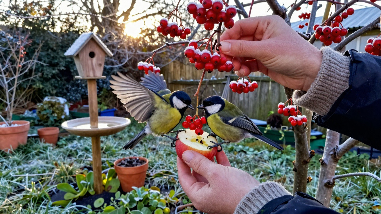 Duas aves pousadas numa mão com fruta a serem alimentadas por outra mão que segura um ramo com bagas vermelhas.