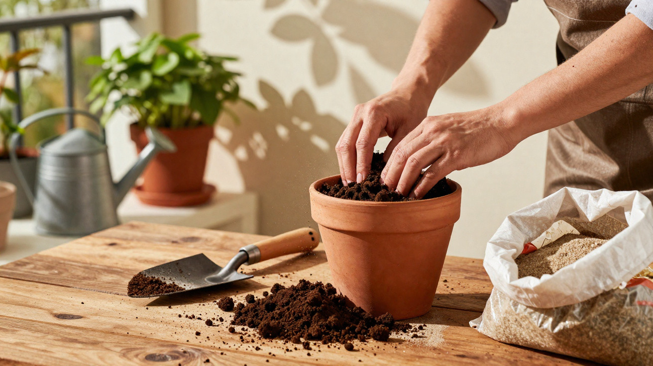 Mãos a preparar terra para plantar num vaso de barro sobre uma mesa de madeira com ferramentas de jardinagem.