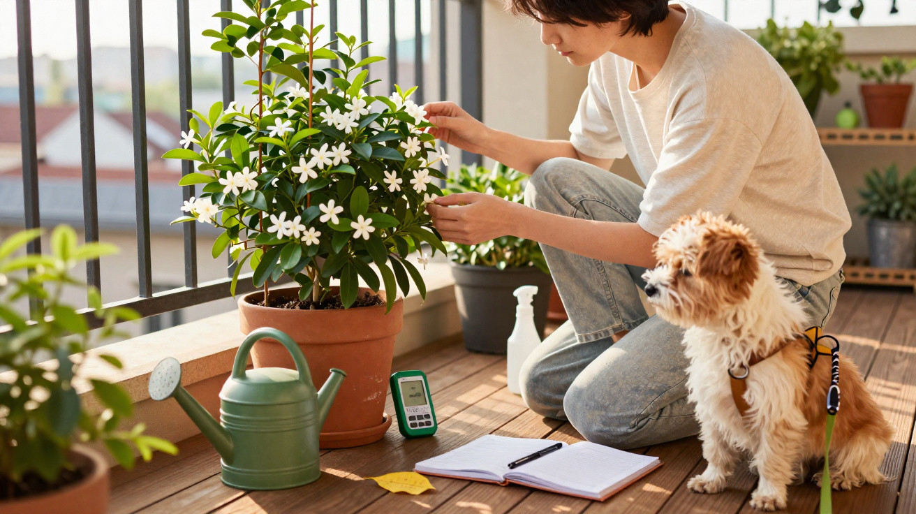 Pessoa a cuidar de planta com flores brancas num vaso no terraço, com regador e cão ao lado sentado.