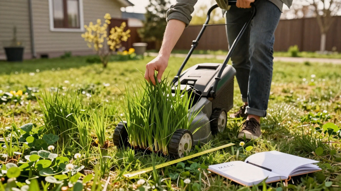Pessoa a cortar relva alta com corta-relvas num jardim, com caderno aberto no chão.