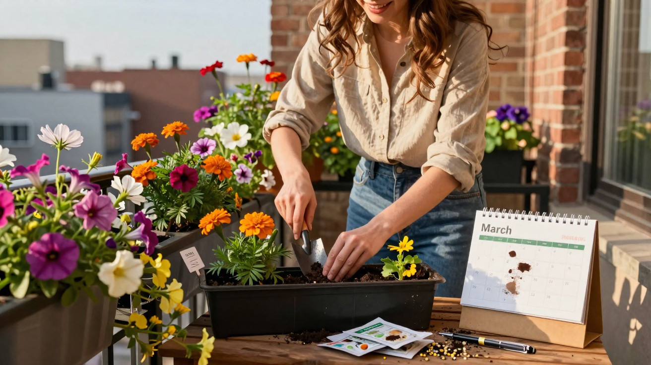 Mulher a plantar flores coloridas numa varanda com calendário aberto em março e sementes na mesa.