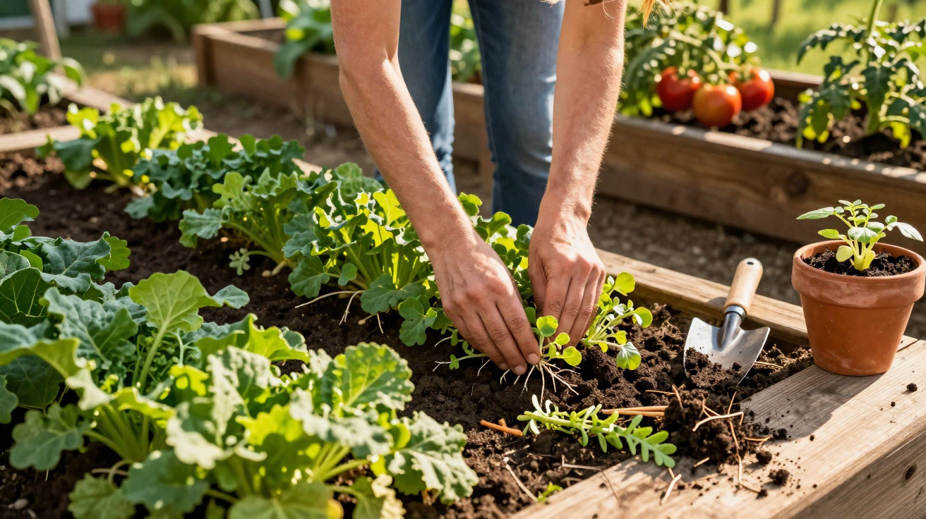 Pessoa a plantar uma muda numa horta com diversos vegetais em canteiros de madeira.