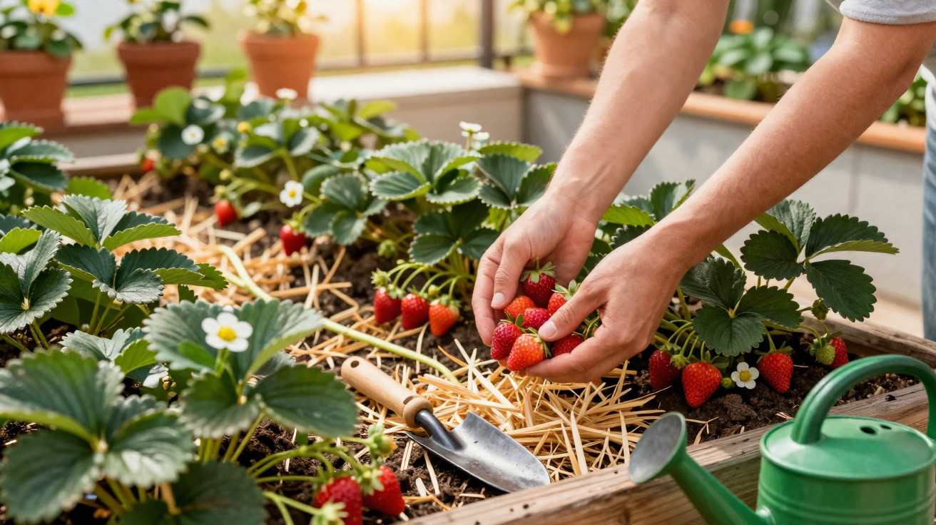 Mãos a colher morangos maduros numa cama elevada de cultivo com regador e ferramentas de jardinagem.