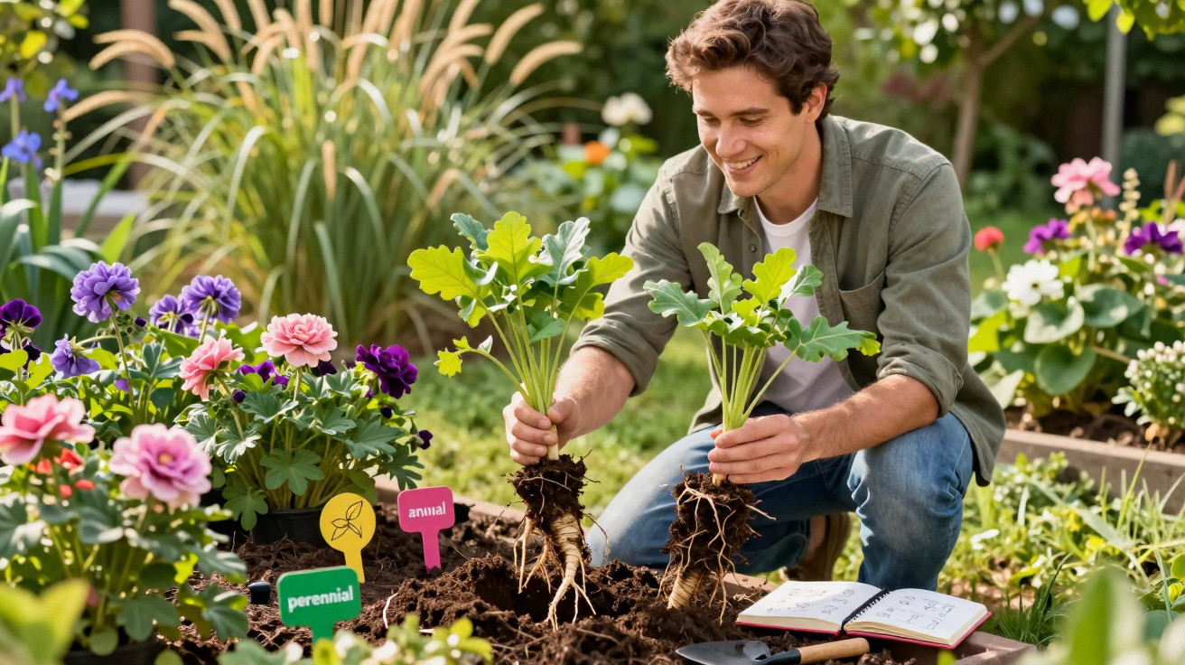 Homem sorridente a plantar raízes de plantas num jardim florido com etiquetas e caderno aberto.