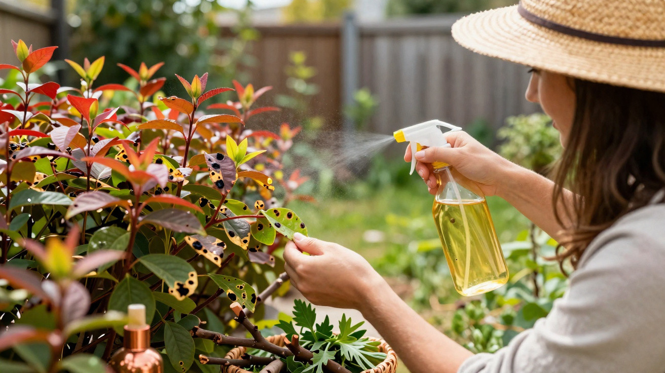 Mulher a pulverizar plantas com folhas danificadas num jardim exterior durante o dia.
