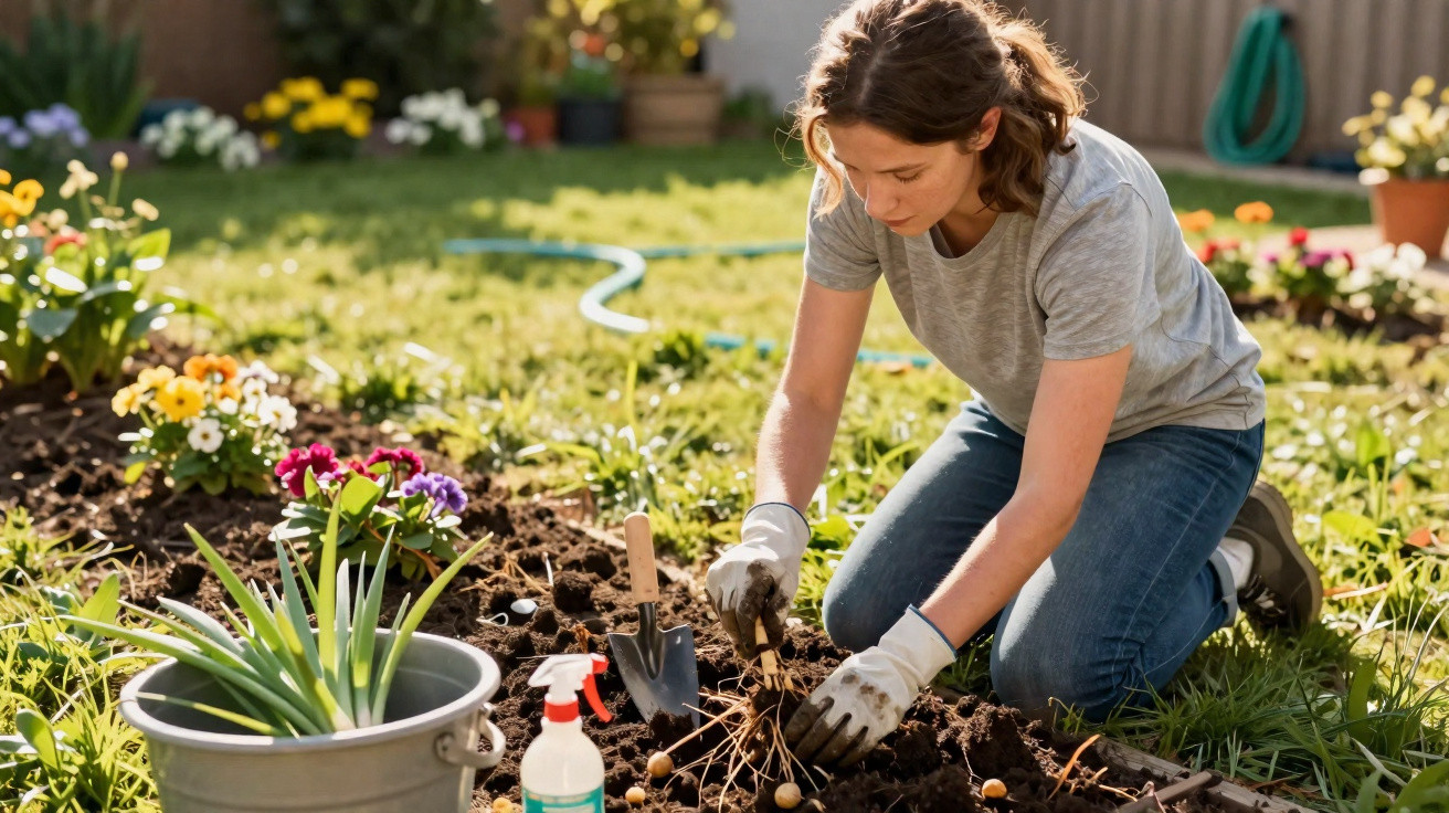 Mulher a jardinar num canteiro, a usar luvas e a plantar ou colher bulbos num dia solarengo.