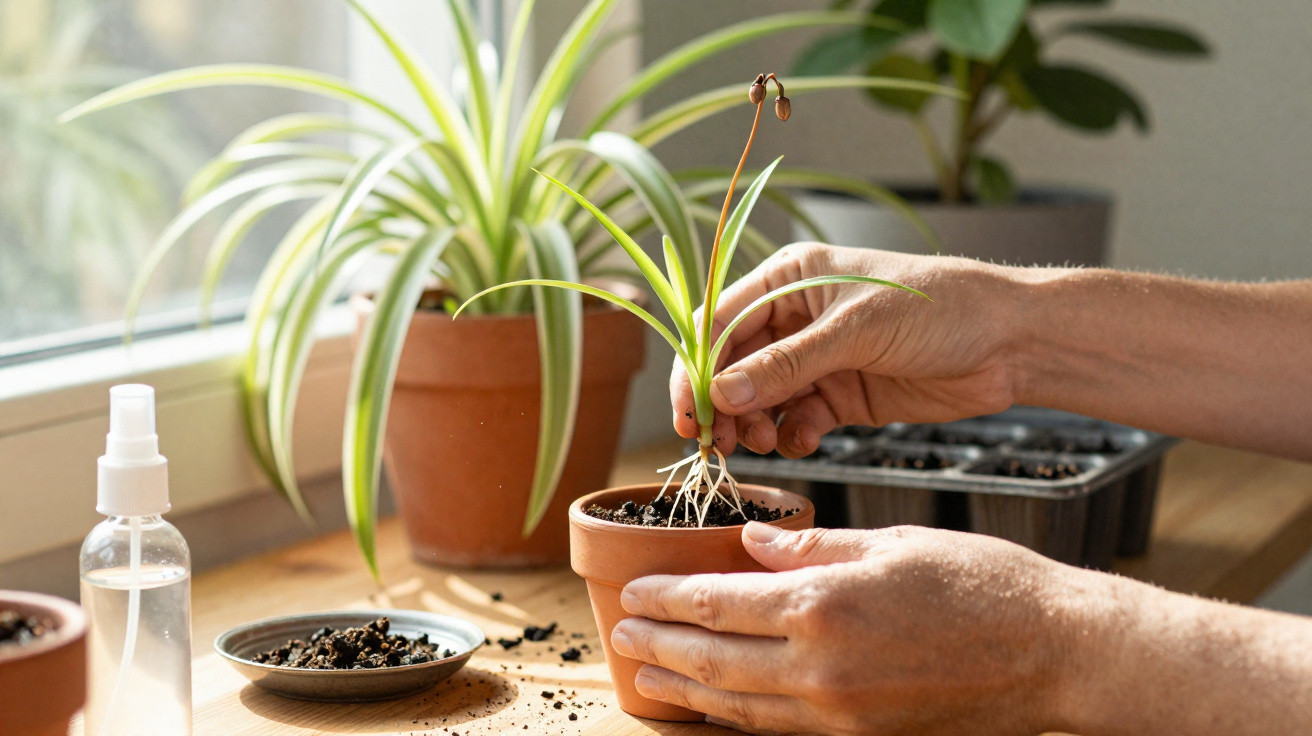 Mãos a transplantar planta numa janela, com vasos, terra e frasco de pulverizador à volta.