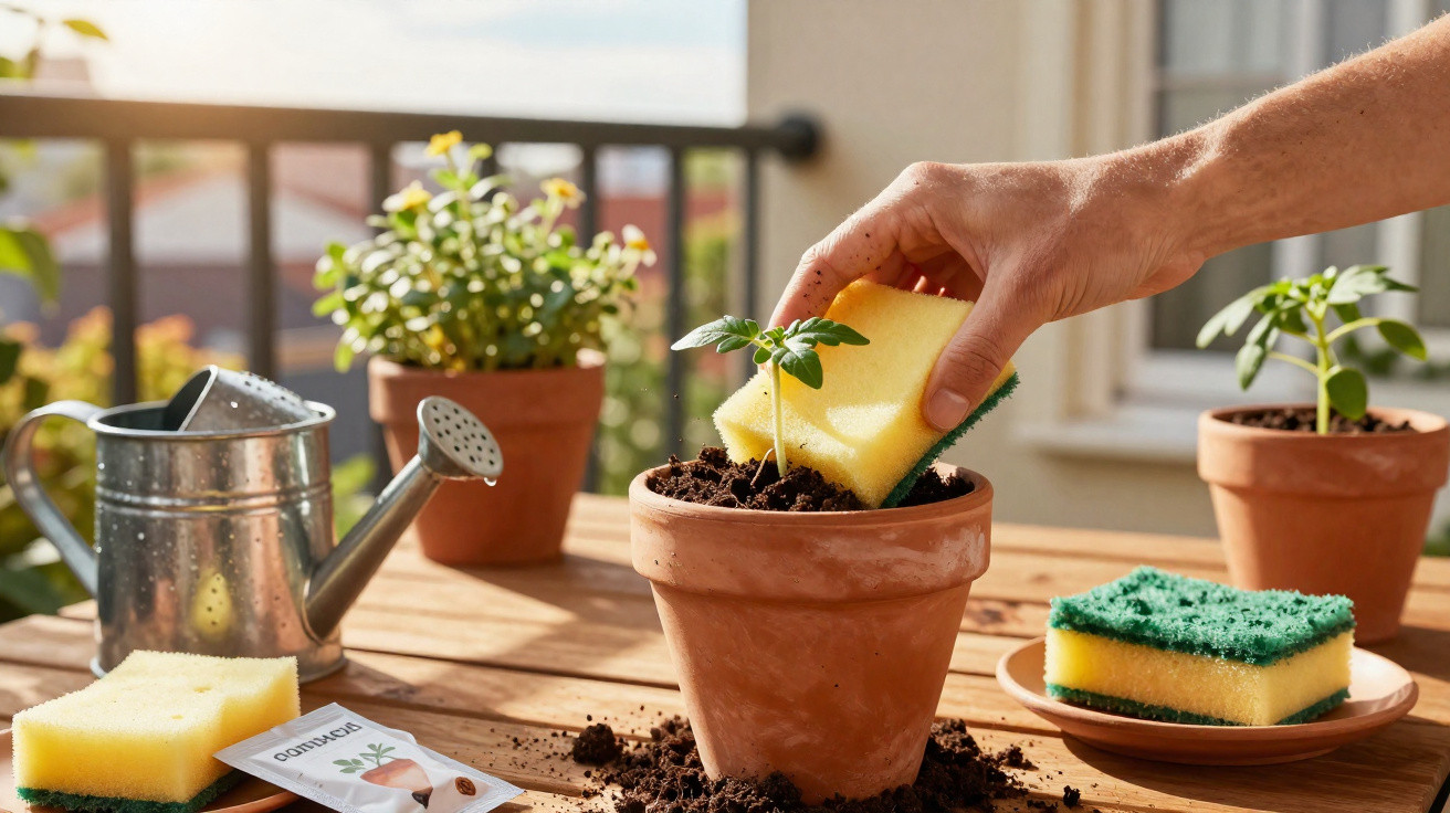 Mão a regar uma planta jovem num vaso de barro com uma esponja num terraço soalheiro.