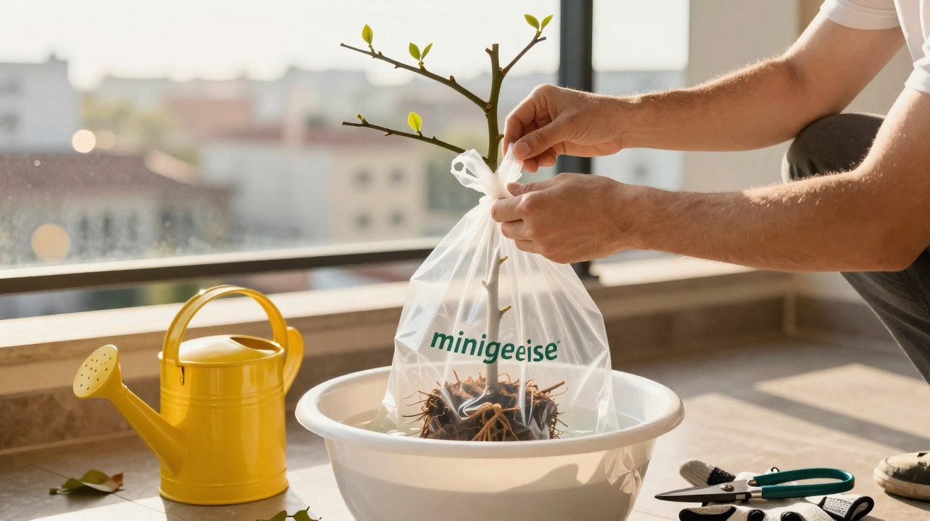 Pessoa a colocar uma muda de planta numa bolsa plástica dentro de uma bacia branca, com um regador amarelo ao lado.