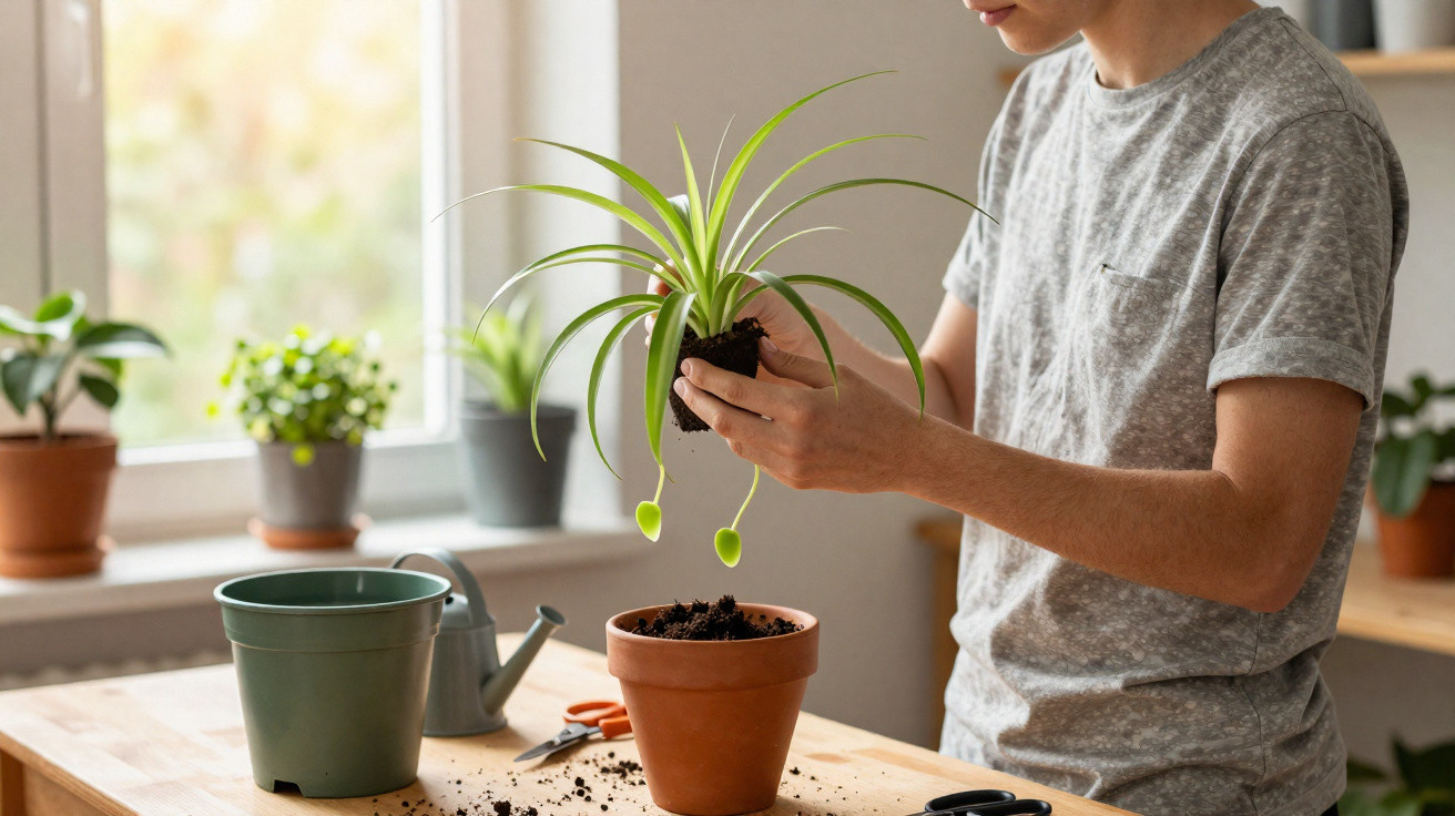 Pessoa a transplantar planta em vaso de barro num ambiente iluminado com foco na atividade de jardinagem doméstica.