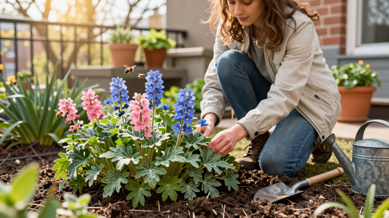 Mulher a cuidar de flores cor-de-rosa e azuis num jardim com ferramentas ao lado numa varanda ensolarada.