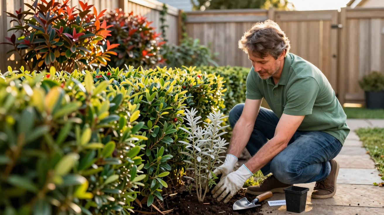 Homem a plantar uma pequena árvore num jardim organizado com luvas e ferramentas de jardinagem.