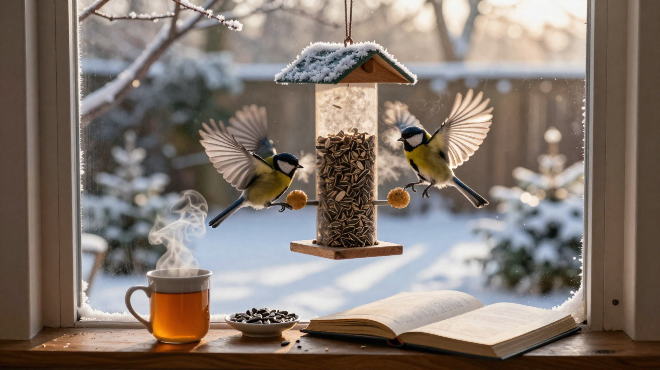 Pássaros a tentar alimentar-se numa estufa de sementes junto a uma chávena de chá e um livro numa janela com neve.