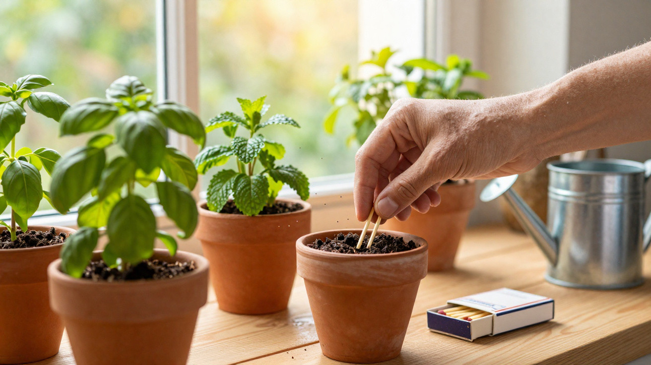 Mão a plantar sementes em vaso de barro com outras plantas em vasos junto a janela iluminada.