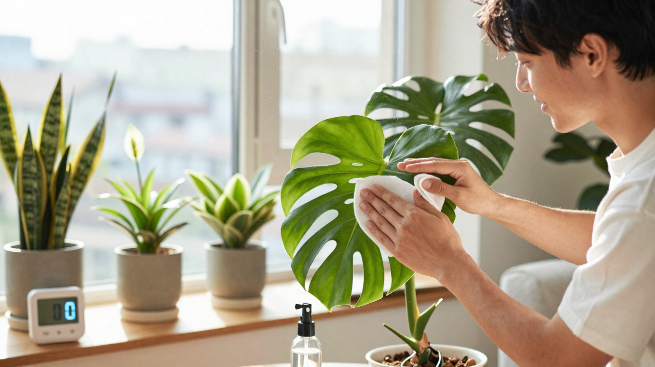 Pessoa a limpar folhas de planta Monstera num ambiente interior, com luz natural a entrar pela janela.