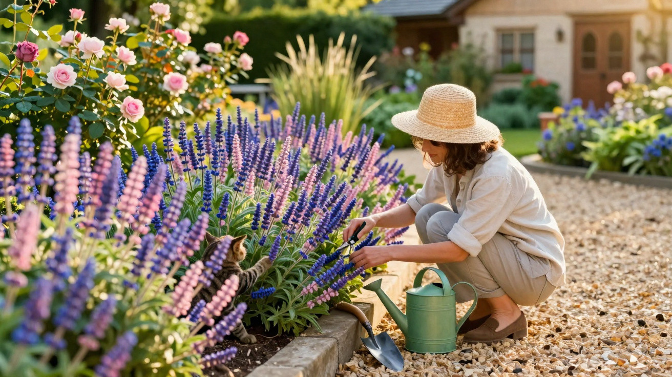 Mulher de chapéu apanha flores junto a regador num jardim com flores roxas e rosas ao sol.