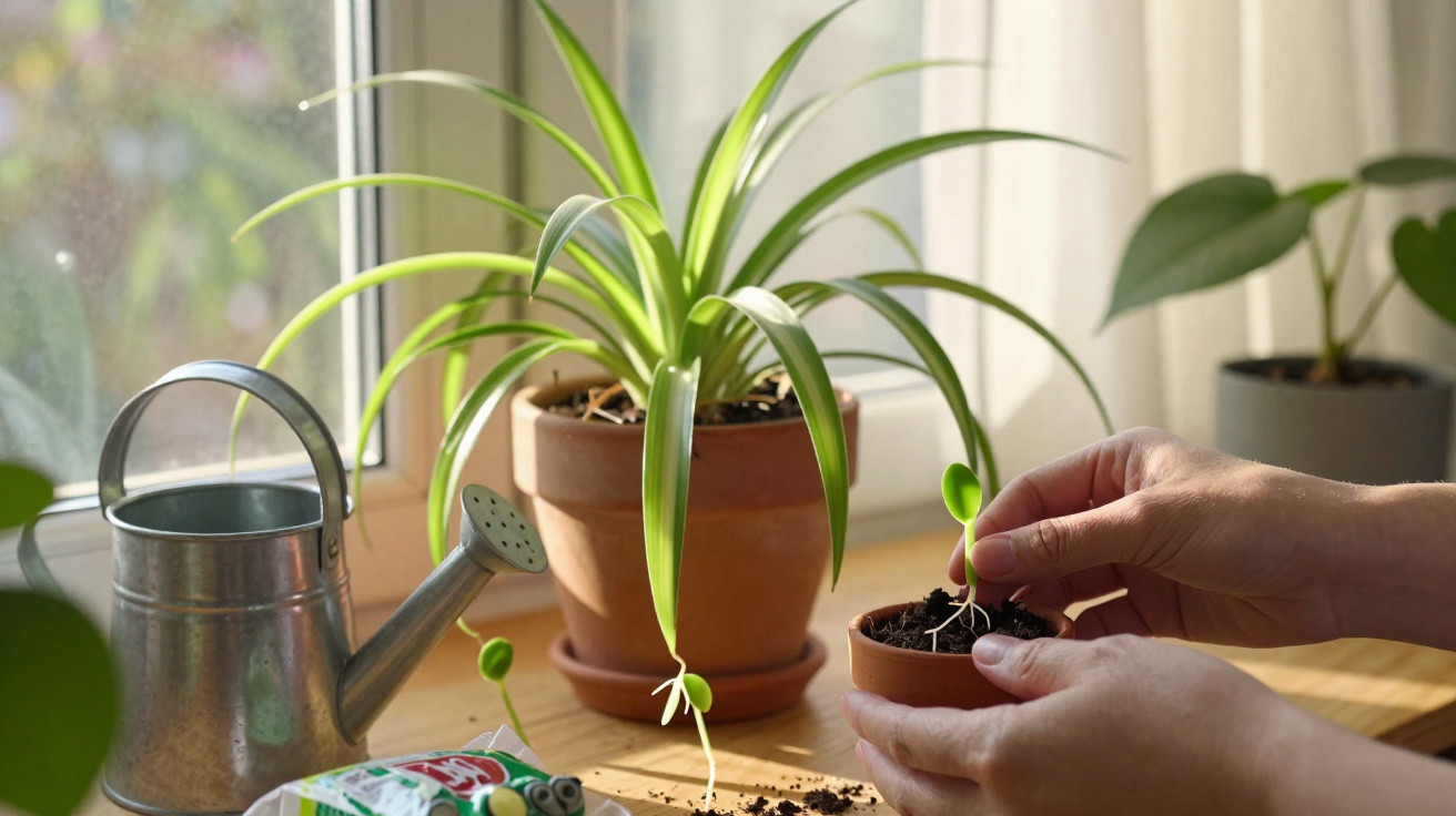 Mãos seguram vaso com muda, ao lado de regador e plantas em vasos num peitoril ensolarado.