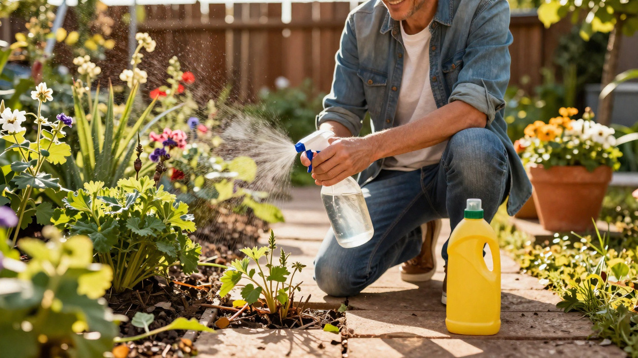 Pessoa a regar plantas com pulverizador num jardim florido durante o dia.