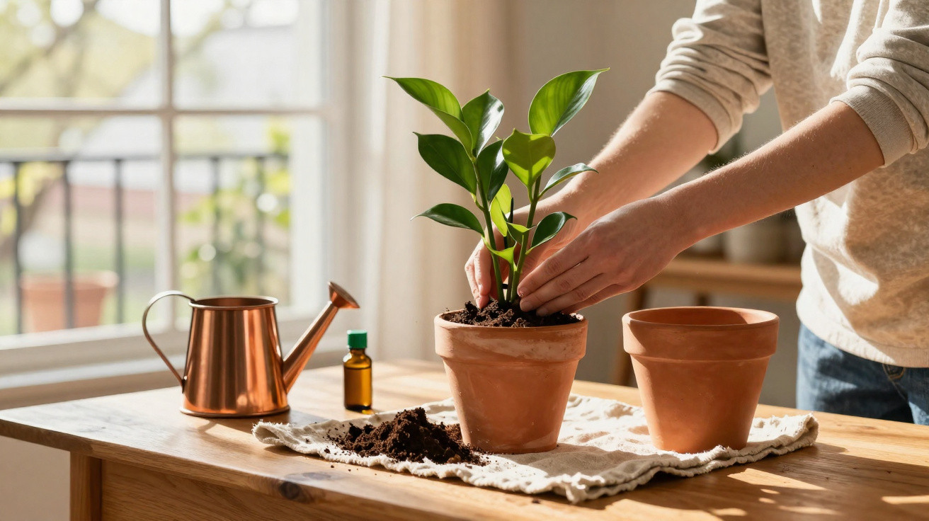 Pessoa a plantar uma muda numa vaso de barro sobre uma mesa de madeira com regador e terra.