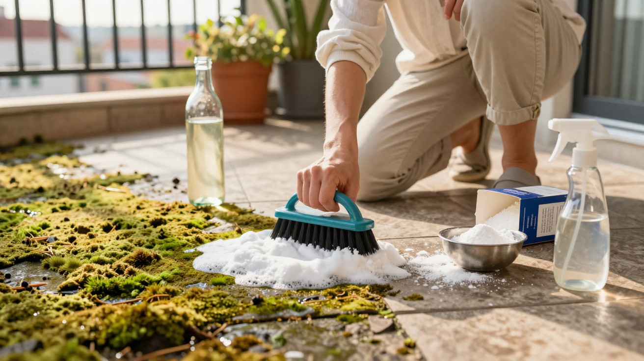 Pessoa a limpar piso exterior com escova a esfregar sabão em espuma branca, musgo e produtos de limpeza ao lado.