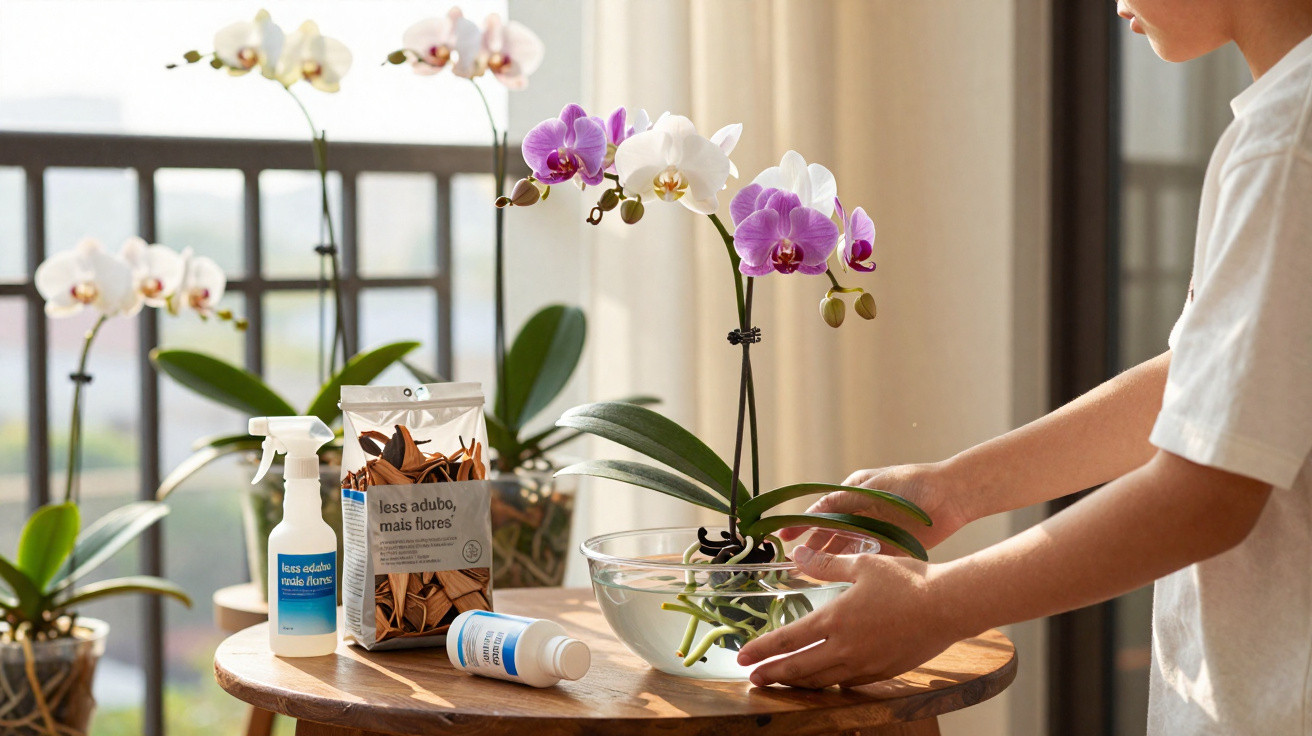 Pessoa a cuidar de orquídeas em vaso, com produtos de adubo e limpeza numa mesa redonda de madeira.