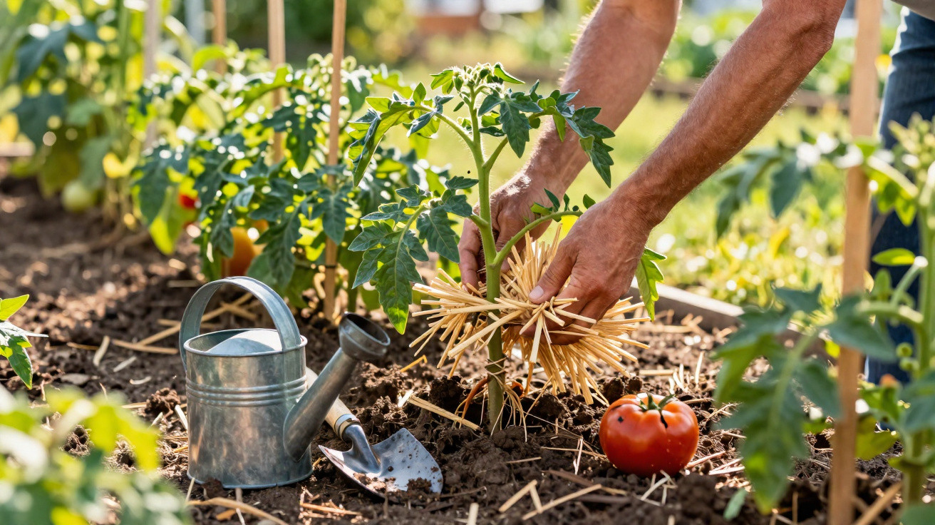 Mãos a colocar palha junto a planta de tomate num canteiro com regador e enxada ao lado.