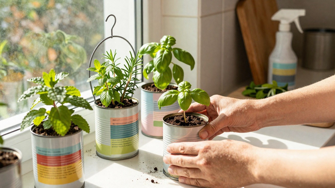 Mãos a cuidar de plantas aromáticas em latas recicladas numa varanda iluminada pelo sol.