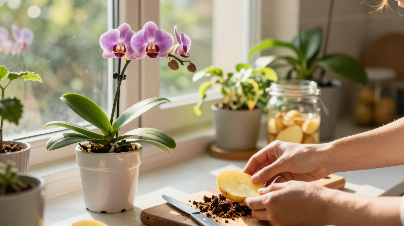 Mãos a cortar batatas na cozinha com plantas e orquídea roxa numa janela ensolarada.