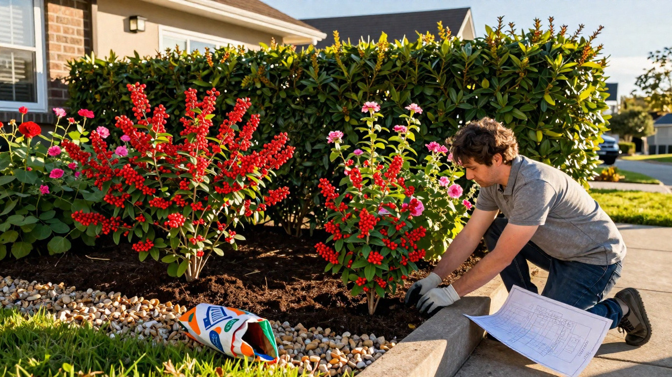 Homem a cuidar de plantas floridas com luvas num jardim junto a uma casa durante o dia.