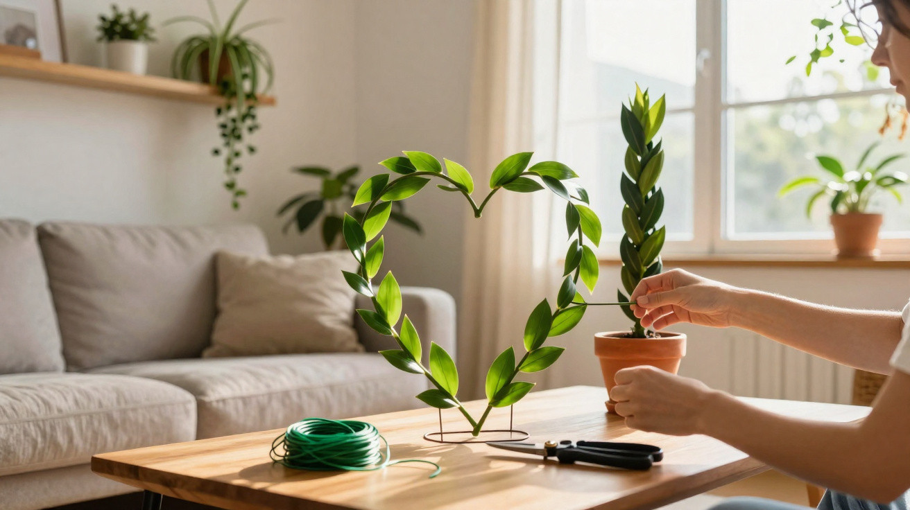 Pessoa a fazer decoração de folhas verdes em forma de coração numa mesa de madeira num salão iluminado.
