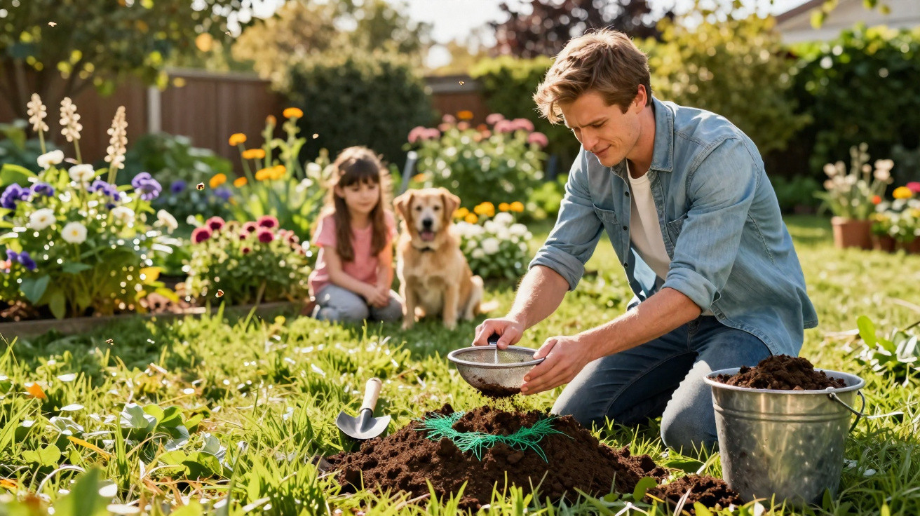 Homem a jardinar em jardim com criança e cão ao fundo entre flores e plantas.