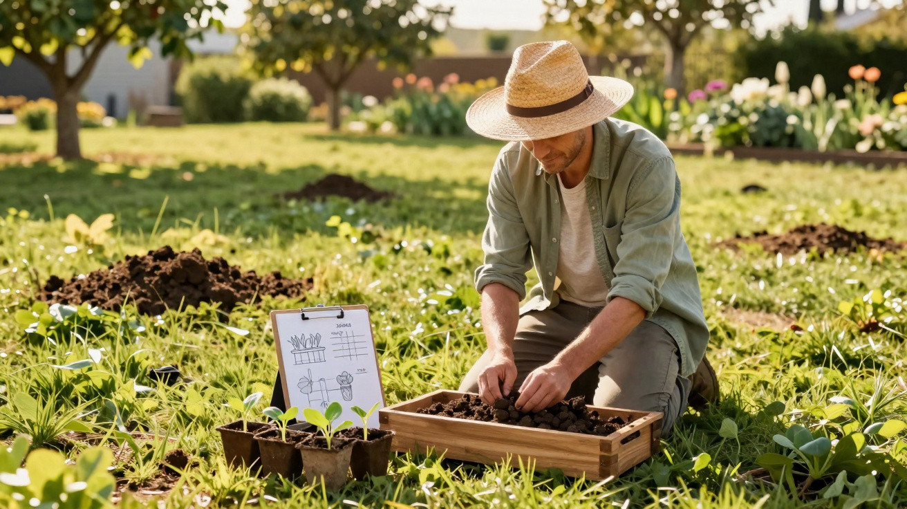 Homem com chapéu a plantar sementes em caixa de madeira num campo agrícola ao sol.