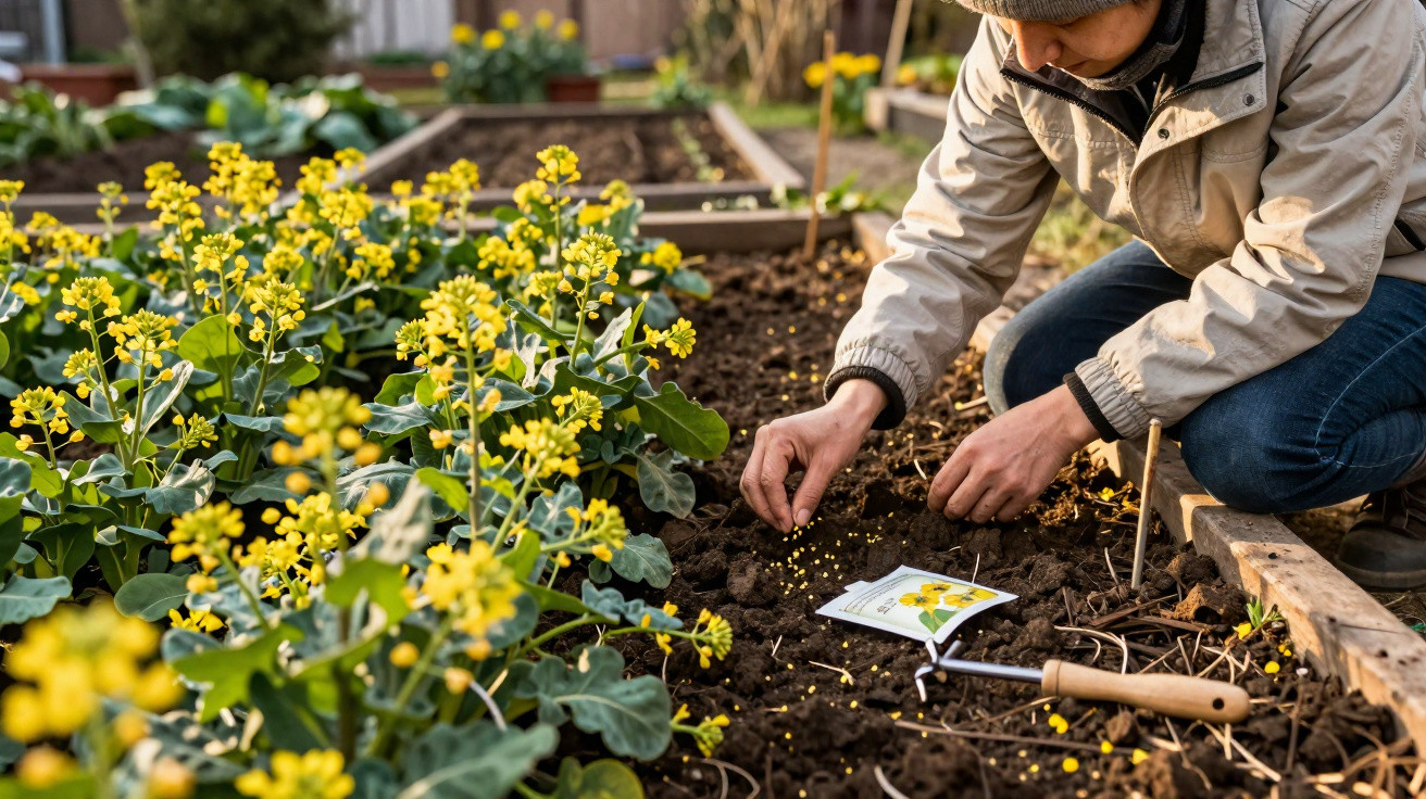 Pessoa a semear sementes no solo de uma pequena horta com plantas de flores amarelas ao lado.
