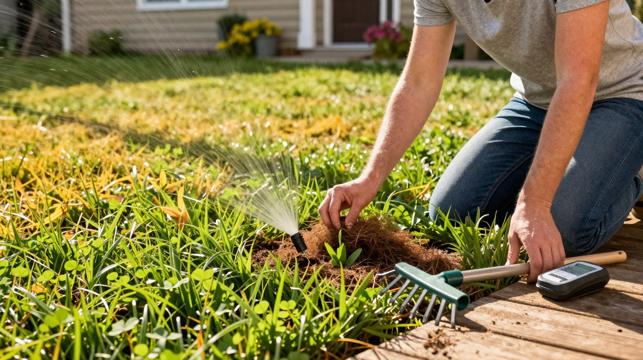 Pessoa a regar uma planta jovem no jardim com regador automático, ao lado de um ancinho e um medidor digital.