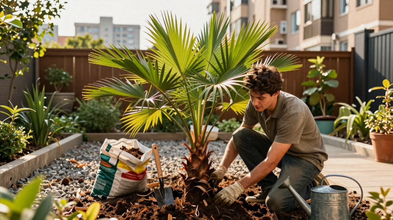 Jovem a plantar uma palmeira num jardim urbano com ferramentas e regador ao lado.