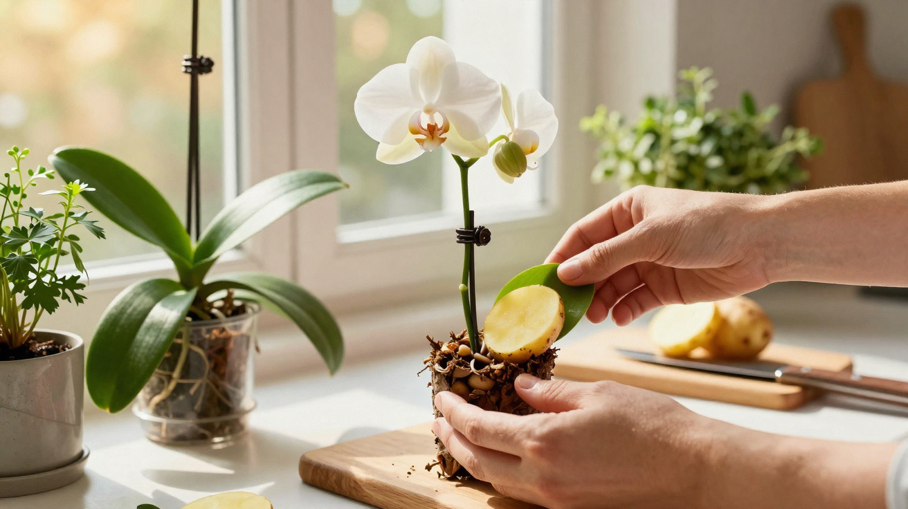 Mãos a plantar uma orquídea branca num vaso, com outras plantas ao lado numa janela iluminada pelo sol.