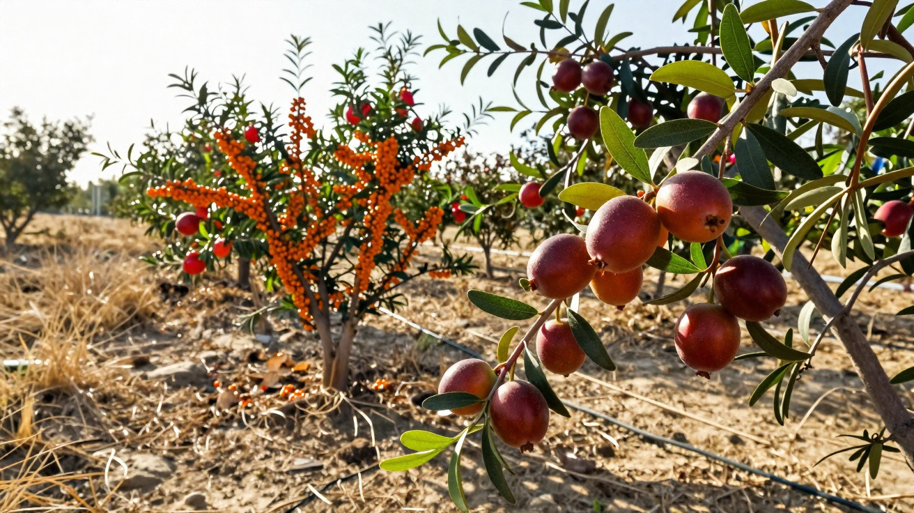 Ramos com bagas vermelhas e laranjas numa planta rasteira num campo seco ao sol.