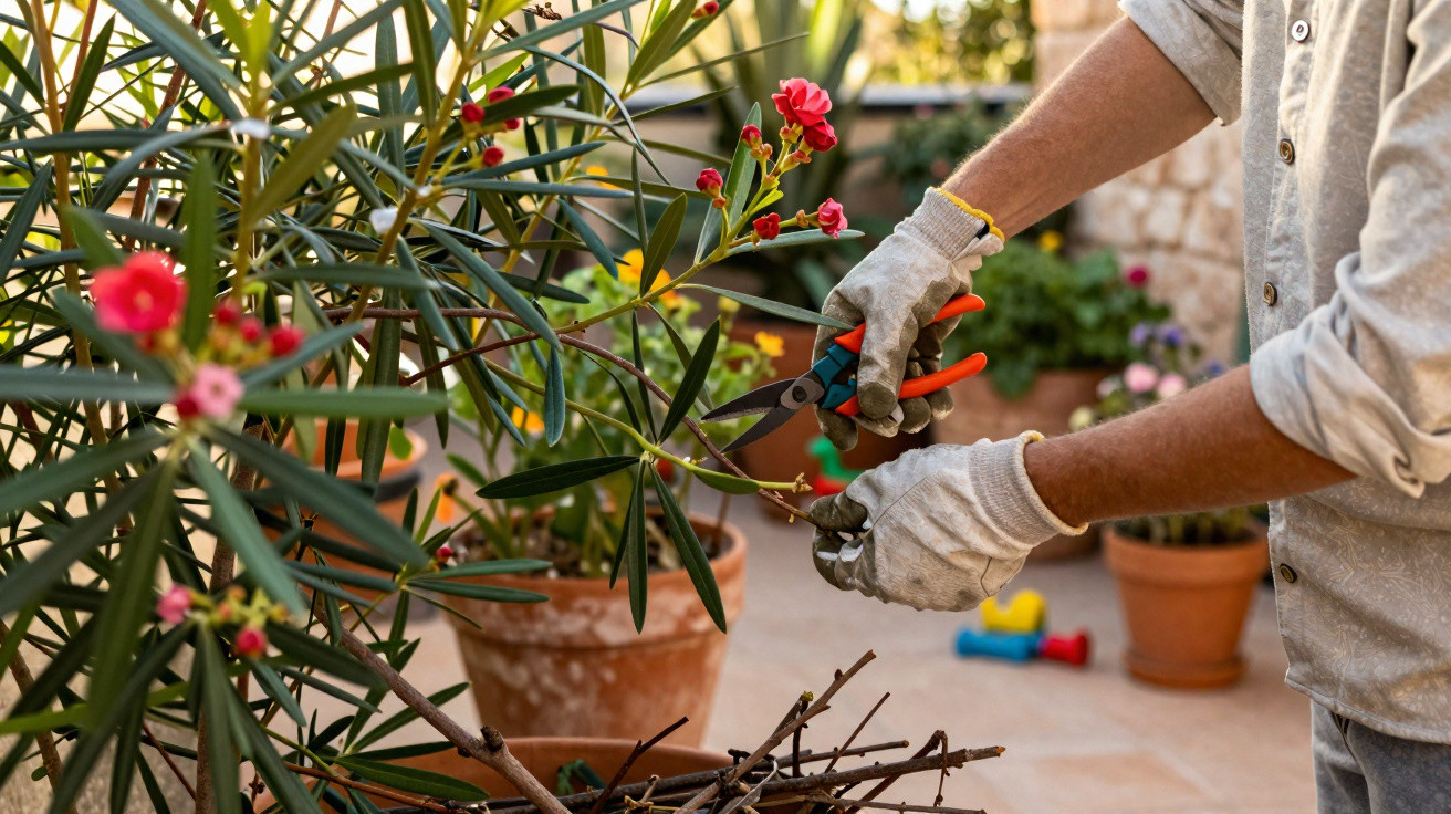 Pessoa a podar plantas com flores vermelhas numa varanda com vasos de barro e luvas de jardinagem.